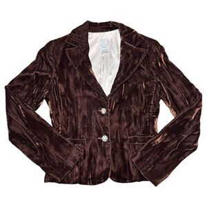 Vintage Y2K Cache Brown Velvet Rhinestone Buttons Glam Blazer, Made in USA